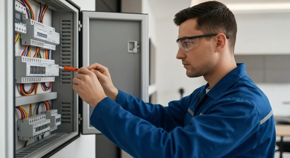 Technicien contrôlant une installation électrique dans un appartement moderne